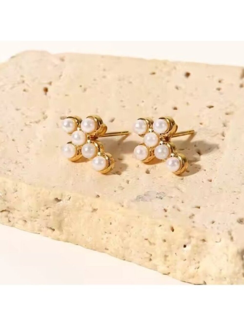 Mini Gold Pearl Cross Stud Earrings  Timeless & Tarnish Resistant Pretty Studs - Picture 3 of 9